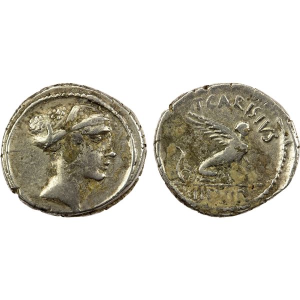 ROMAN REPUBLIC: T. Carisius, moneyer, AR denarius (3.78g), Rome, 46 BC, VF