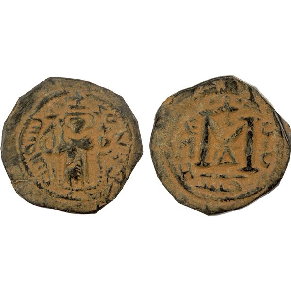 ARAB-BYZANTINE: Standing Emperor, ca. 670-690, AE fals (4.90g), Hims, VF