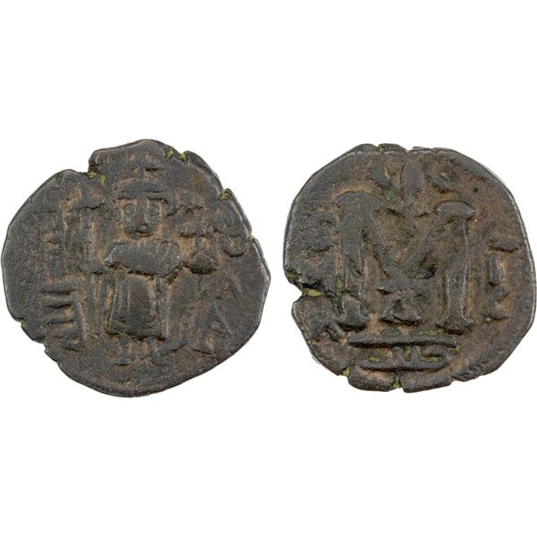 ARAB-BYZANTINE: Standing Emperor, ca. 670-690, AE fals (4.29g), Ba'albakk (Emisos), ND, VF