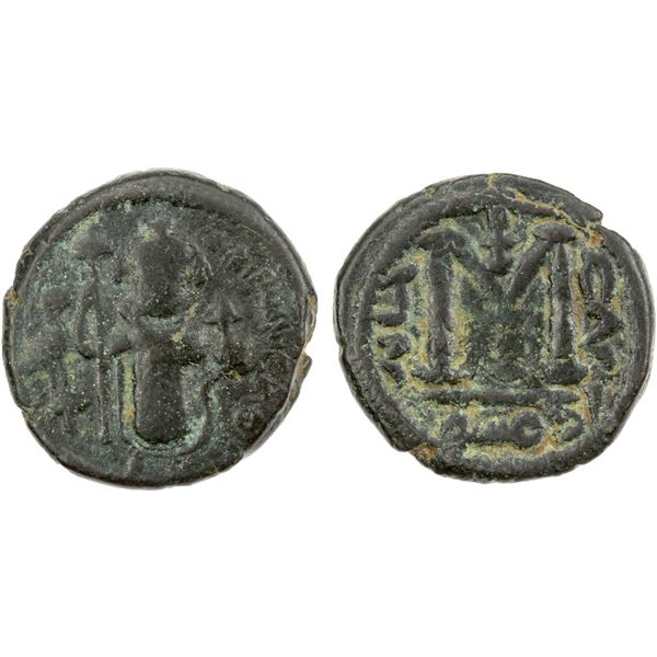ARAB-BYZANTINE: Standing Emperor, ca. 670-690, AE fals (3.81g), Dimashq, ND, pleasing VF