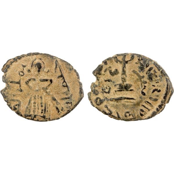 ARAB-BYZANTINE: Standing Caliph, ca. 692-698, AE fals (2.41g), Manbij, strong VF
