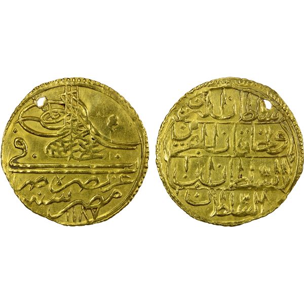 EGYPT: Abdul Hamid I, 1774-1789, AV zeri mahbub (2.57g), Misr, AH1187 year 1, crude EF