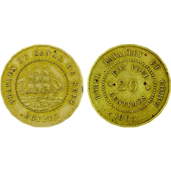 EGYPT: 20 centimes token, 1865, EF-AU