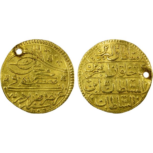 TURKEY: Mustafa II, 1695-1703, AV sultani (3.95g), Edirne, AH1106, VF