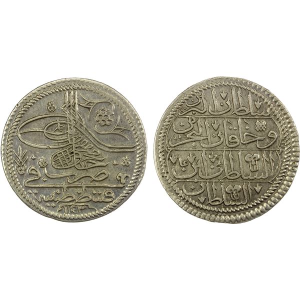 TURKEY: Mahmud I, 1730-1754, AR yirmilik (11.63g), Kostantiniye, AH1143, EF-AU