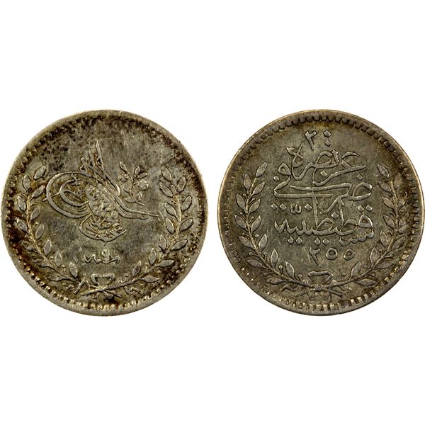 TURKEY: Abdul Mejid, 1838-1861, AR 20 para, Kostantiniye, AH1255 year "6", EF-AU