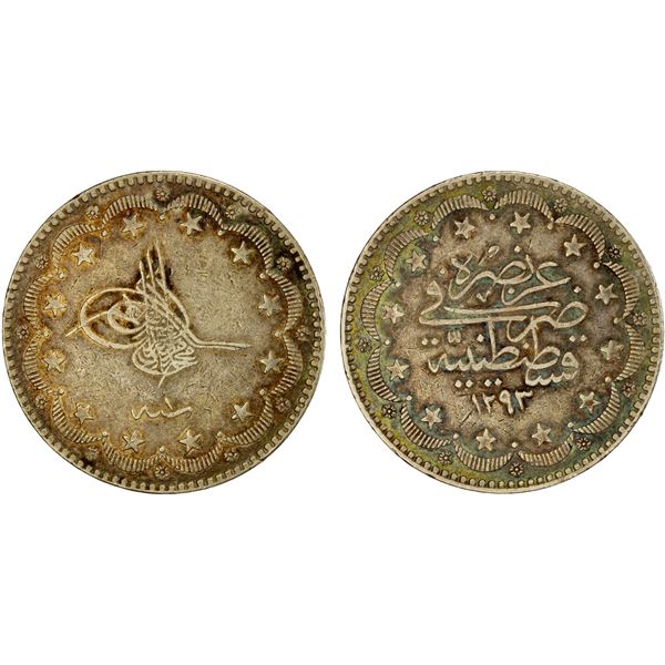 TURKEY: Murad V, 1876, AR 20 kurush, Kostantiniye, AH1293 year 1, VF