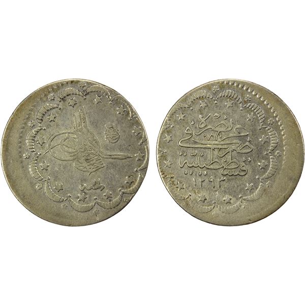 TURKEY: Abdul Hamid II, 1876-1909, AR 5 kurush, Kostantiniye, AH1293 year 11, VF