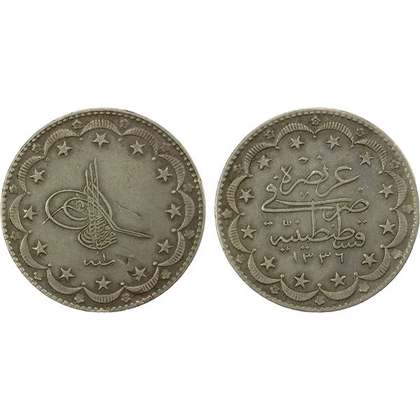 TURKEY: Mehmet VI, 1918-1924, AR 20 kurush, Kostantiniye, AH1336 year 1, VF-EF