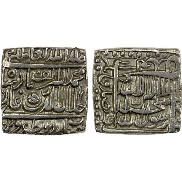 MUGHAL: Akbar I, 1556-1605, AR square rupee (11.28g), Urdu Zafar Qarin, AH1000 ("alf"), EF