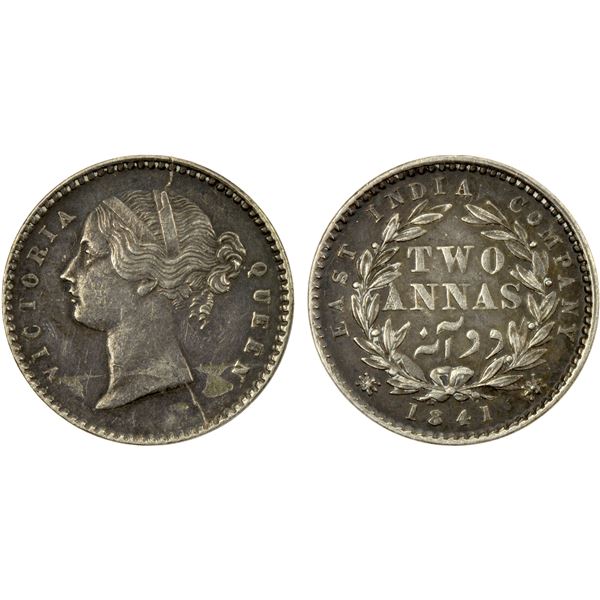 BRITISH INDIA: Victoria, Queen, 1837-1876, AR 2 annas, 1841(c), EF