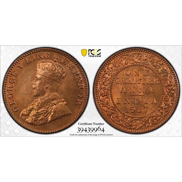 BRITISH INDIA: George V, 1910-1936, AE ¼ anna, 1927(b), PCGS MS66 RD