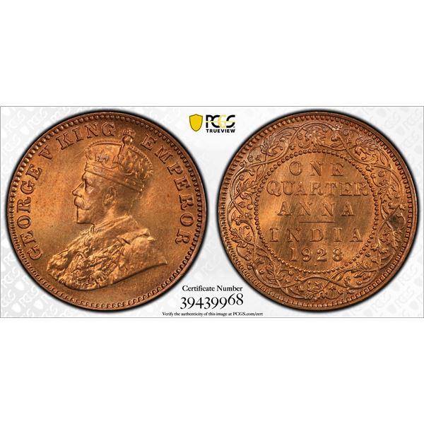 BRITISH INDIA: George V, 1910-1936, AE ¼ anna, 1928(b), PCGS MS66 +RD