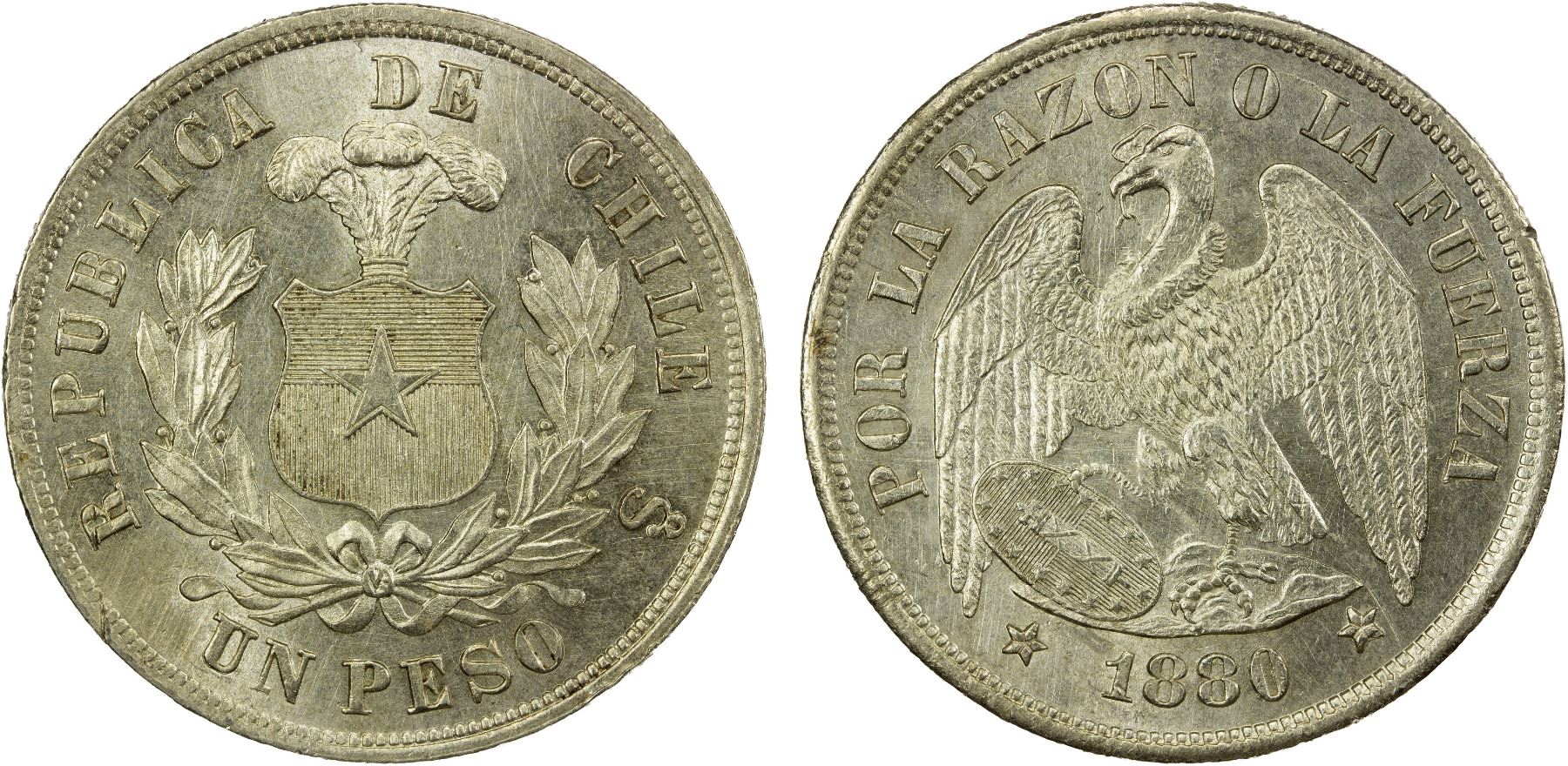 CHILE: Republic, AR peso, 1880-So, Choice AU - Stephen Album Rare Coins