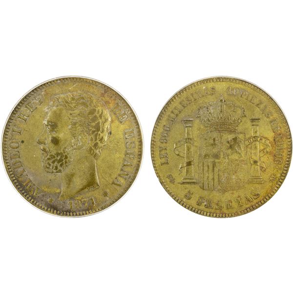 CONTEMPORARY COUNTERFEITS: SPAIN: Amadeo I, 1871-1873, 5 pesetas, 1871(71), EF-AU