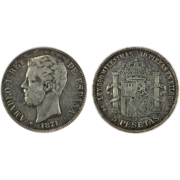 CONTEMPORARY COUNTERFEITS: SPAIN: Amadeo I, 1871-1873, 5 pesetas, 1871(73), VF