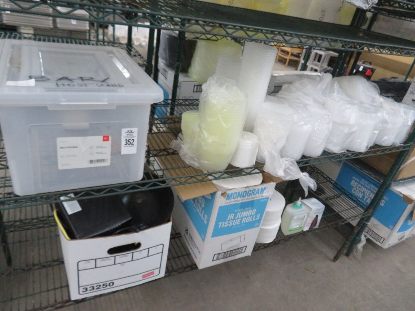 Rack Lot To Go Containers and Jumbo Tissue Rolls