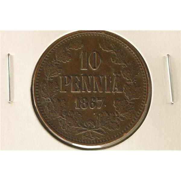 1867 FINLAND COPPER 10 PENNIA