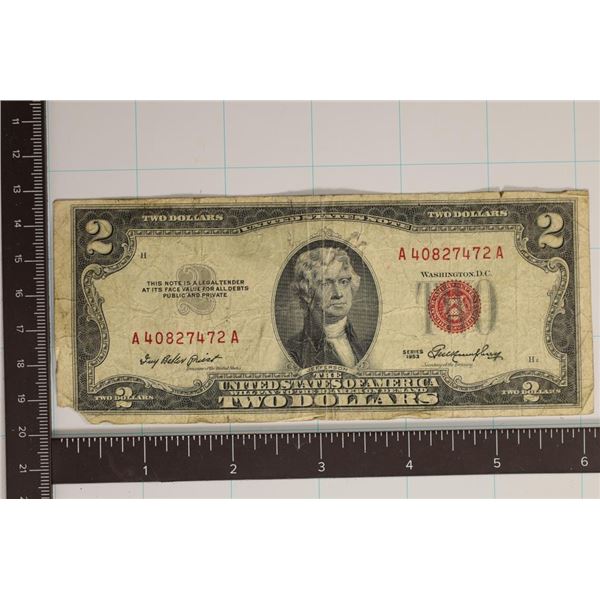 1953 US $2 RED SEAL NOTE BOTTOM EDGE IS TATTERED