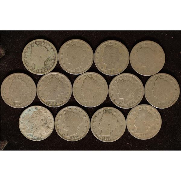 13 LIBERTY "V" NICKELS 1900-1912 1 OF EACH YEAR