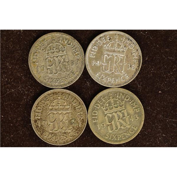 1937, 38, 41 & 1943 GREAT BRITAIN SILVER 6 PENCE