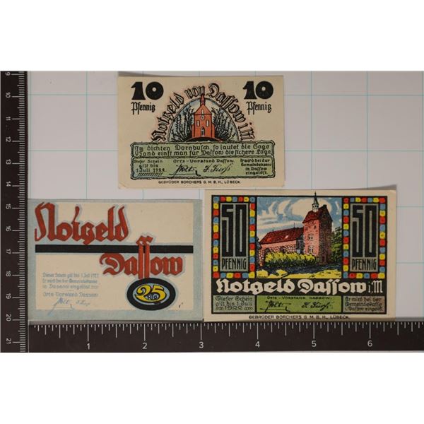 3 PIECE SET OF 1922 GERMAN DASSOW NOTGELDS 10, 25