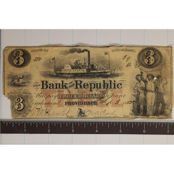 1855 BANK OF THE REPUBLIC RHODE ISLAND $3