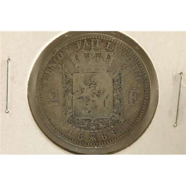 1868 BELGIUM SILVER 2 FRANCS .2685 OZ. ASW