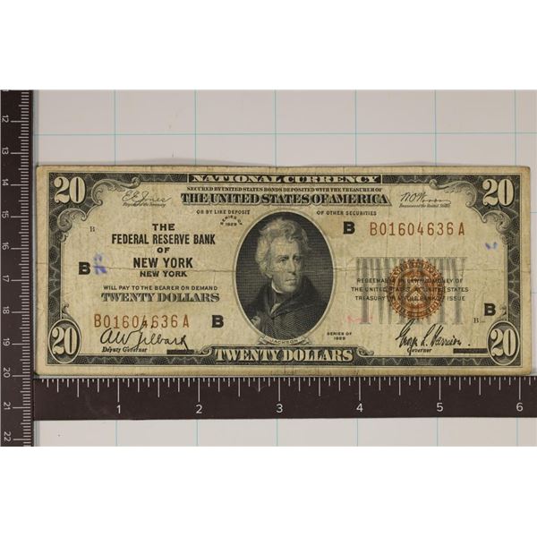 1929 US $20 NATIONAL CURRENCY BROWN SEAL BANK OF