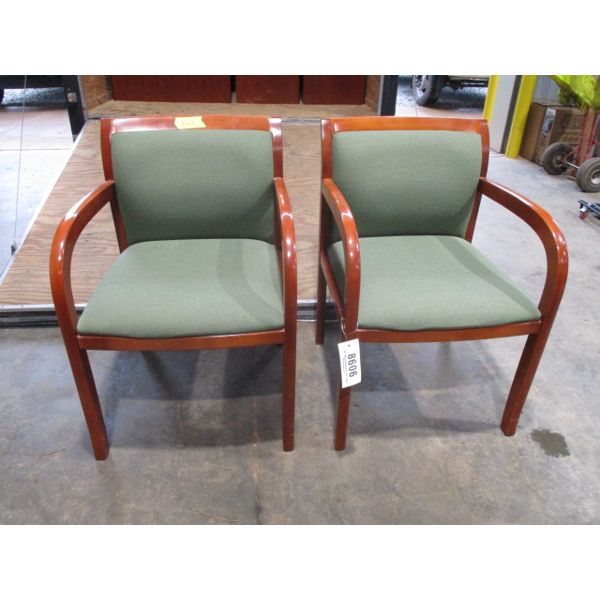 (2) CHERRY WOOD CHAIRS W/ GREEN FABRIC