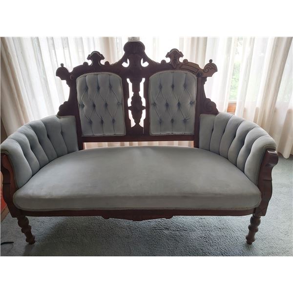 Vintage Wood Upholstered Loveseat - 54L x 22D x 41.5H