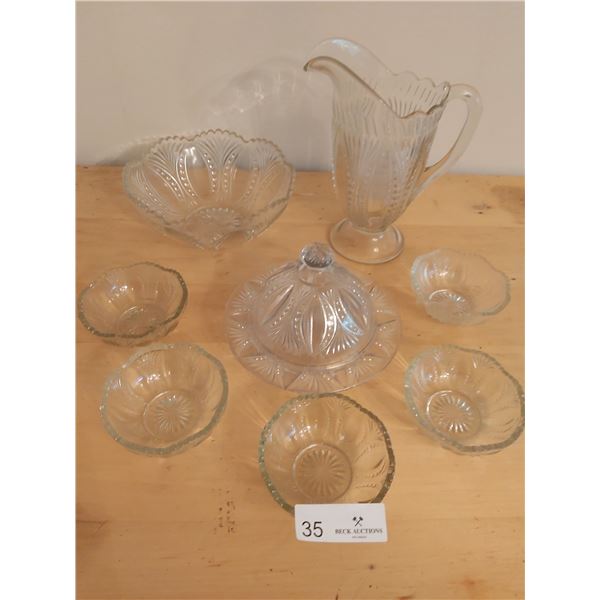 Vintage Glassware, Jug, Serving Bowl, Dessert Bowls and Butter Dish