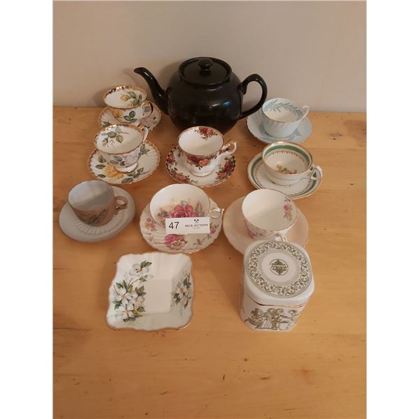 Vintage Cups & Saucers with Tea Pot, Tea Caddy & More