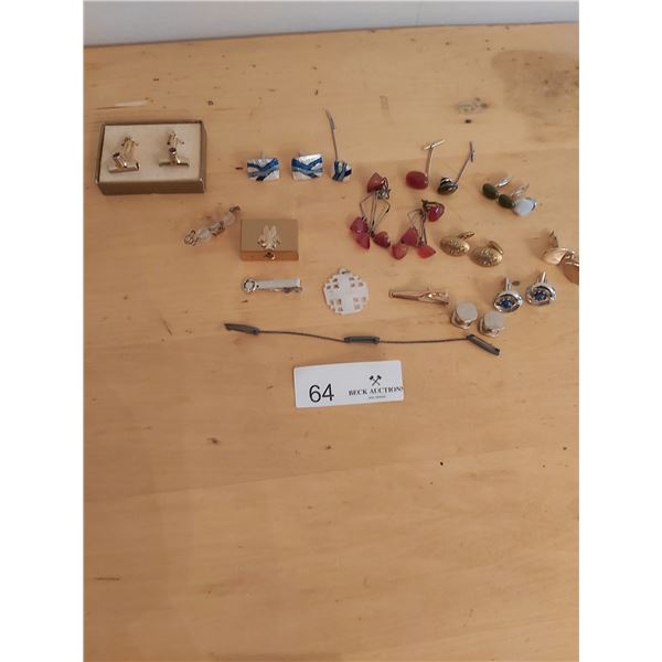 Assortment of Cuff Links, Tie Pins, Pill Box & More