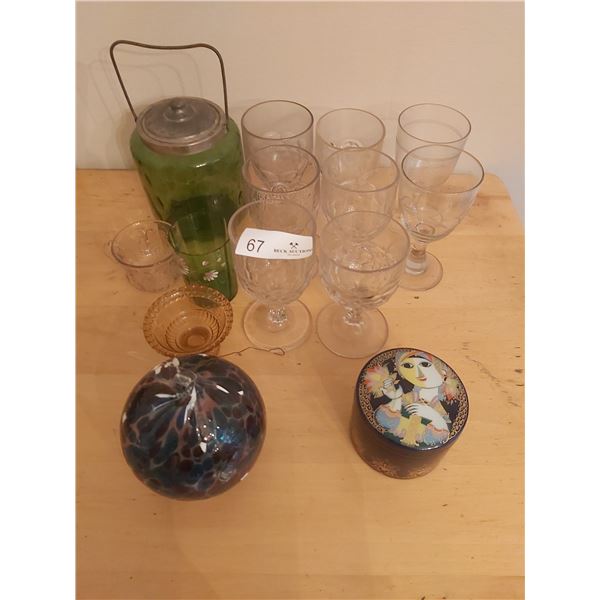Collection of Coloured  Glass including Friendship Ball, Glasses & Vintage Jar with lid