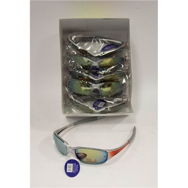 6 PAIRS OF GREY AND ORANGE SPORT SUNGLASSES