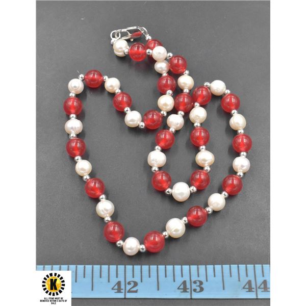 #216-FRESH WATER PEARL & RED  JADE NECKLACE 17 