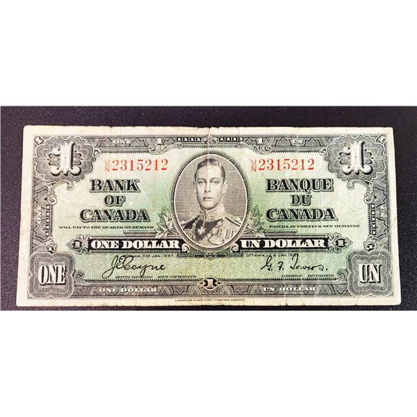 CANADIAN $1.00 BANKNOTE FROM 1937.