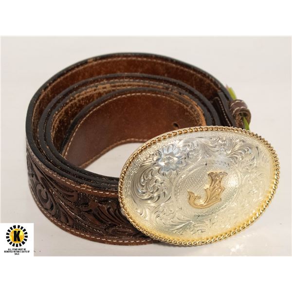 MENS TOOLED LEATHER BELT W/ MONTANA SILVERSMITHS