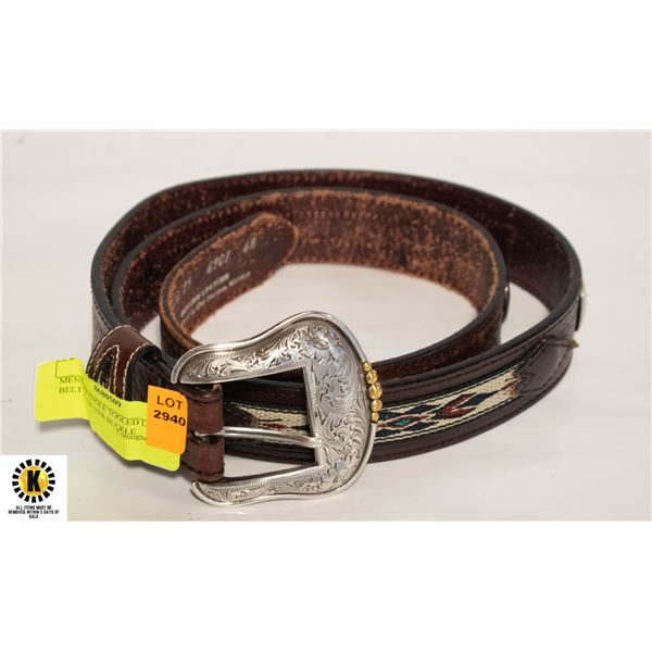 MENS WRANGLE TOOLED LEATHER BELT W/ SILVER BUCKLE