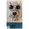 BLUE EYED PEWTER OWL BROOCH CLEAR ACCENTS