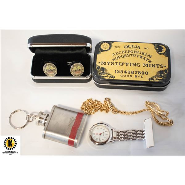 OUIJA TIN, NURSES WATCH, CUFFLINKS, MINI FLASK, &