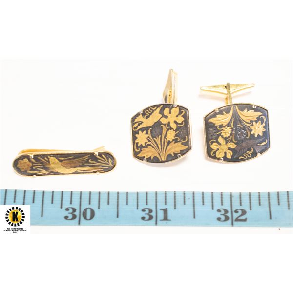 TRI GOLD ETCHED BIRDS VINTAGE CUFFLINKS & TIE BAR