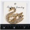 NEW GOLD TONE RHINESTONE SWAN BROOCH