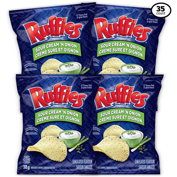 NEW CASE OF 35 RUFFLES SOUR CREAM & ONION SNACK