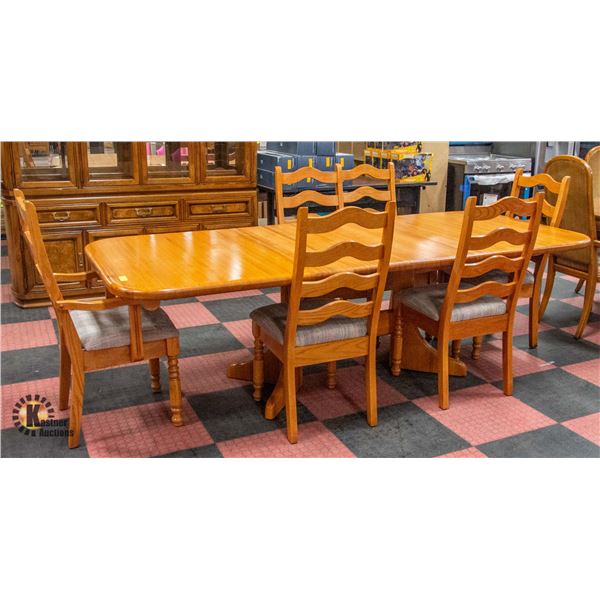 VINTAGE SOLID OAK DINING TABLE, CHAIRS &