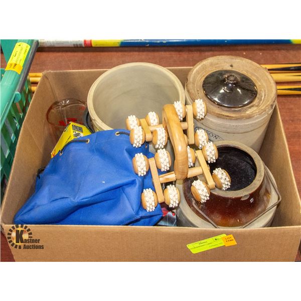BOX OF POTTERY + MISC