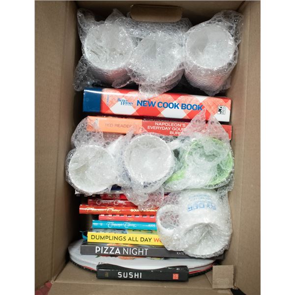 BOX OF COOK BOOKS AND MUGS