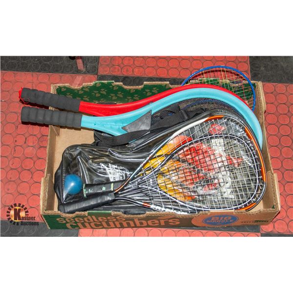 BOX WITH VARIOUS SPORTS RACKETS - 6 IN TOTAL