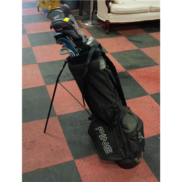PING GOLF BAG WITH WILSON PROSTAFF IRONS, PING
